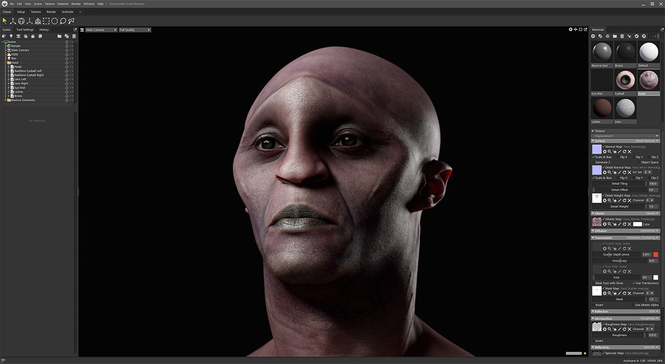 Marmoset Toolbag Render Scene with skin shader and lighting